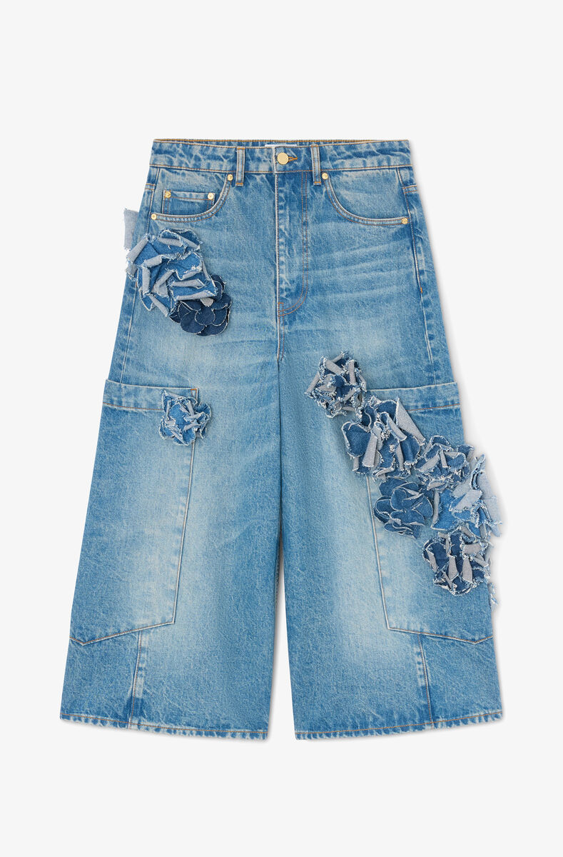Baggy Cropped Jeans in Flower Print Denim
